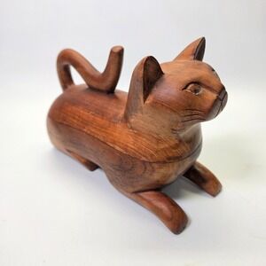 Vintage Hand Carved Wooden Stylized Cat Trinket Box Storage Sphinx 9x7" Cat Lady